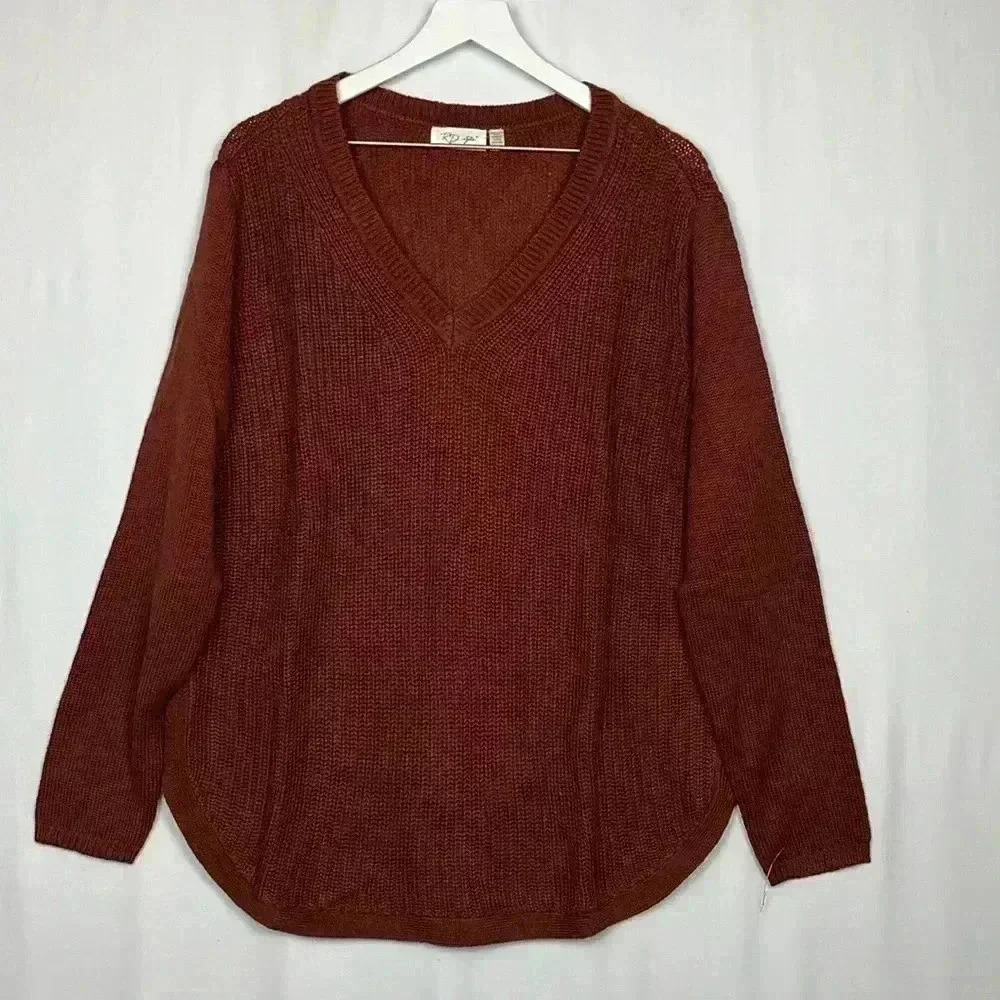 RD Style Womens Sweater Rust XXL Pullover Ribbed Texture Curved Hemline Vneck